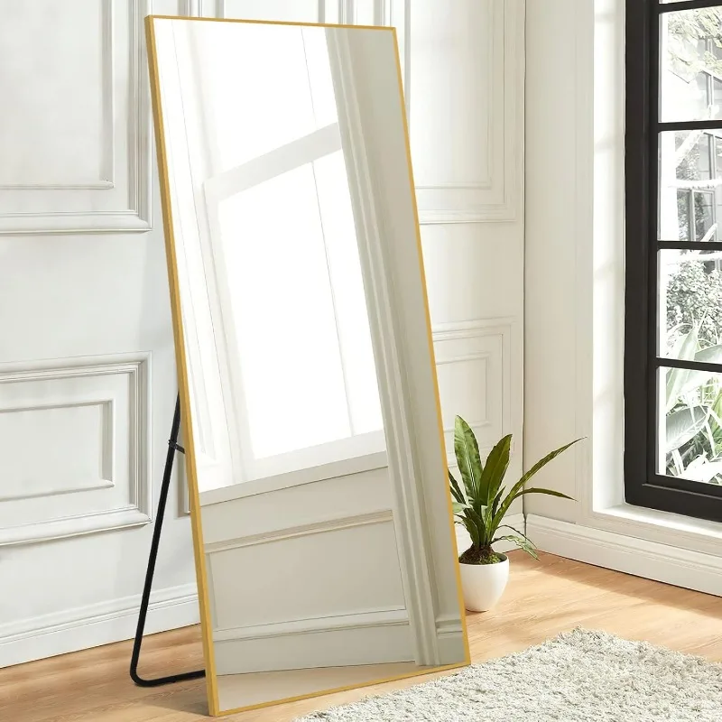 Miroir de sol pleine longueur avec support, cadre en alliage d'aluminium, grand miroir de chambre, autoportant ou mural, 64 po x 21 po