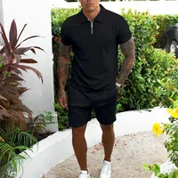 Men's Solid Zipper Color POLO Shirt Summer New Fashion Trend Fitness Sports Loose Short Sleeve Shorts Light Luxury Suit S-3XL