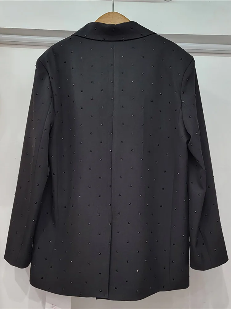 DEAT-Chaqueta de mujer con diamantes completos, manga larga, pecho oculto, cuello con muescas, traje elegante negro, chaquetas, primavera 2025,