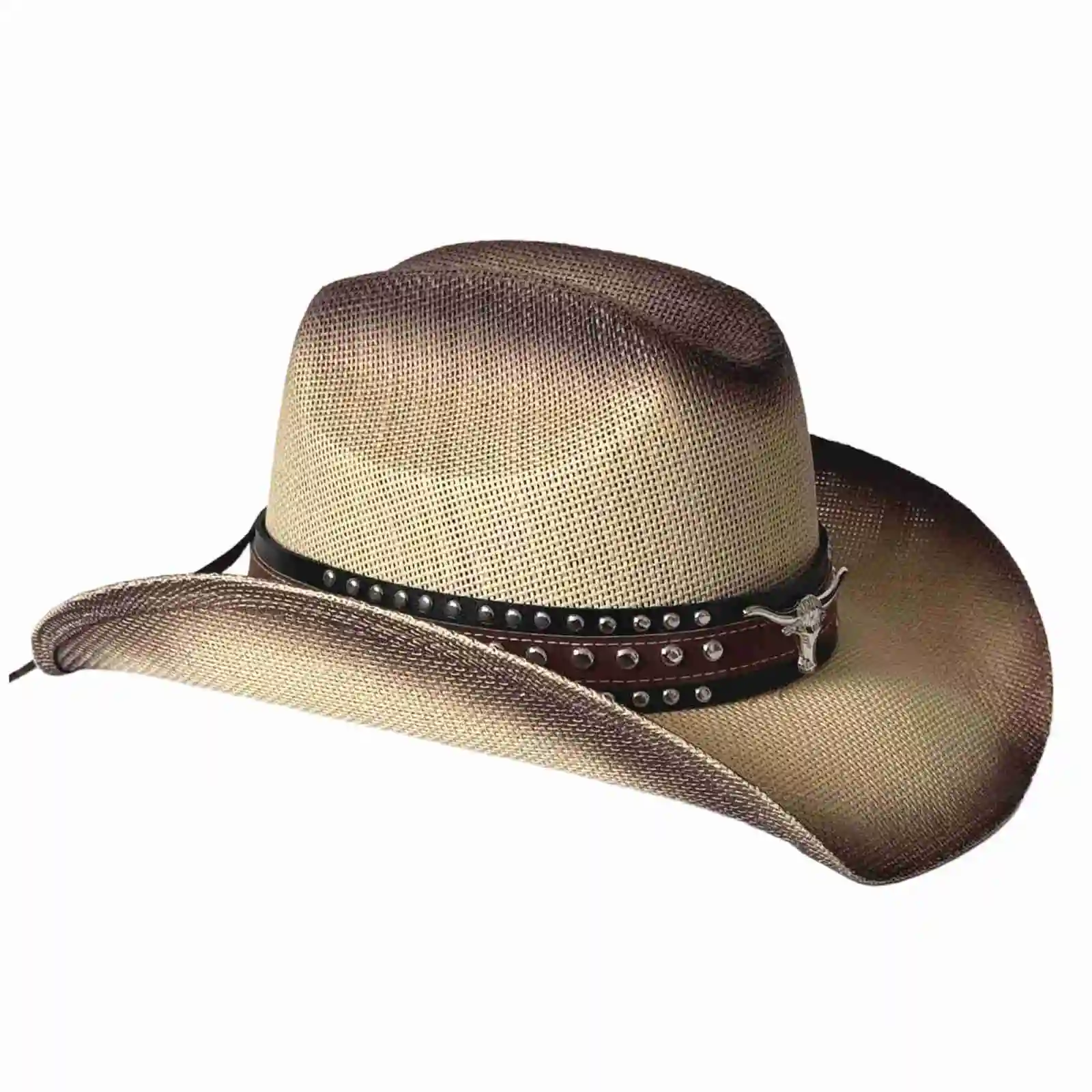 Retro Stroh-Cowgirlhut mit Nietenverziertem Bullenkopfgürtel Breitkrempiger Western-Hut Lässiger Sonnenschutz Strandhut für Damen und Herren