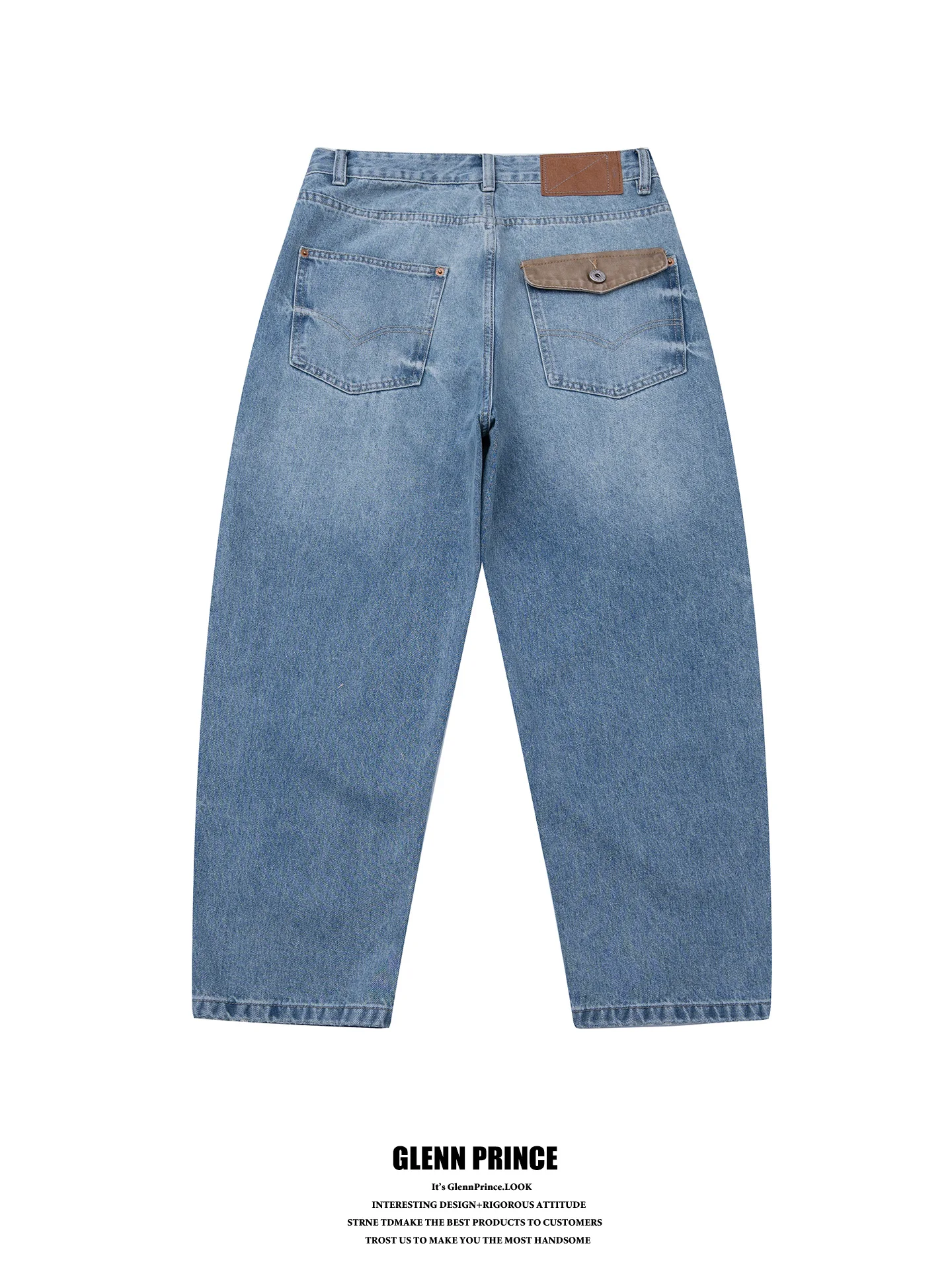 

Retro Washed Color Block Back Pocket Micro Cone Men's Jeans Loose Straight Leg Long Trousers by Gpstudio Casual Wear