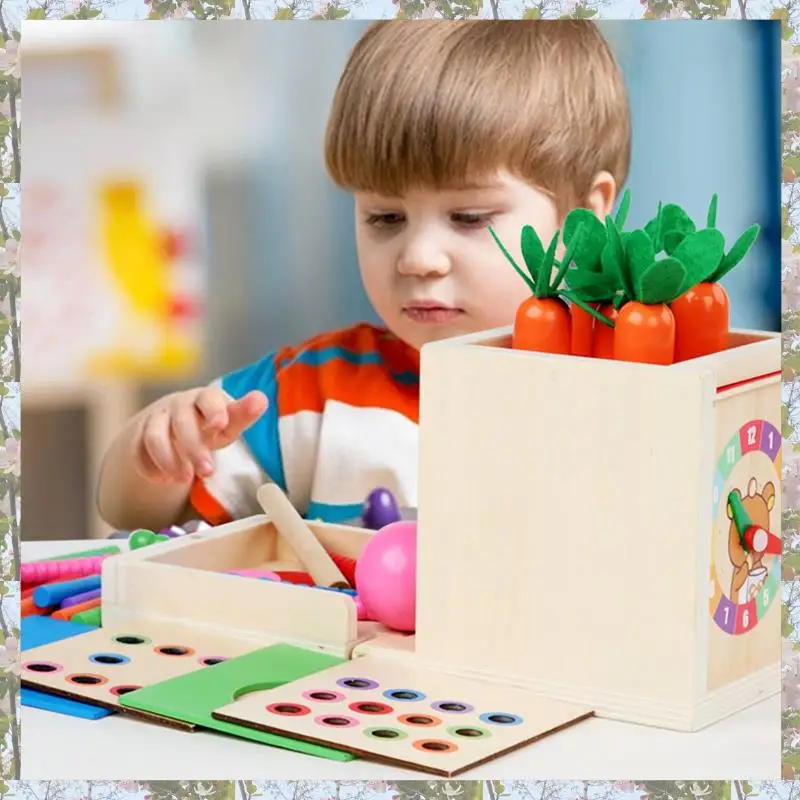 T84C-6-In-1 ไม้ Montessori ชุดวัตถุถาวรกล่องเล่นชุดเหรียญกล่องแครอท Harvest Shape Sorter Ball DROP Dur