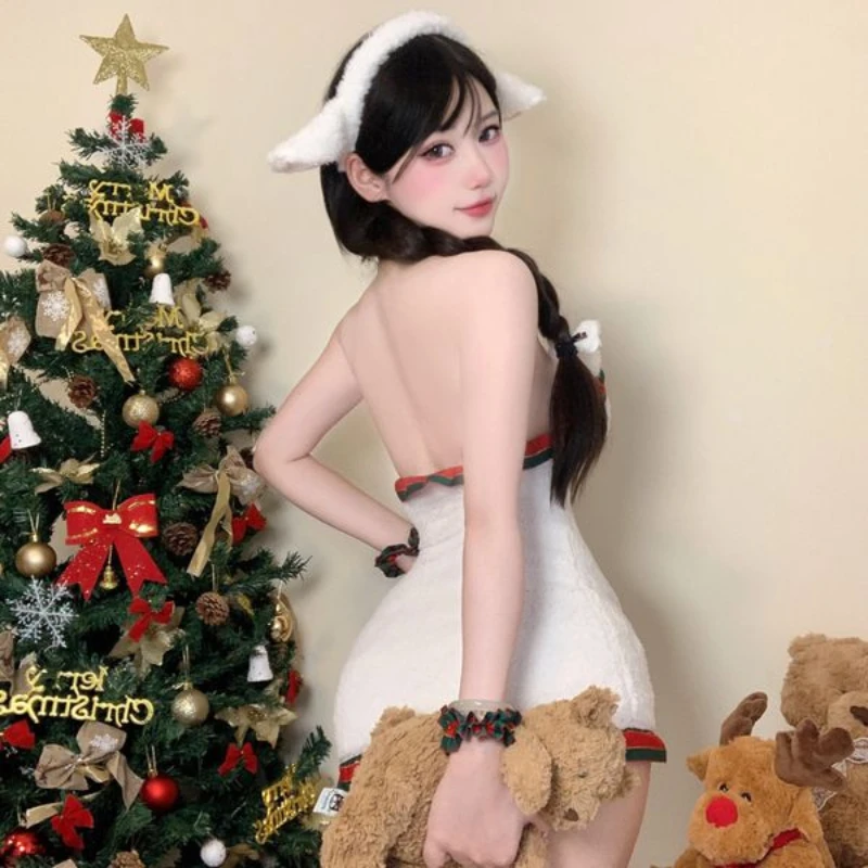 Christmas Cute Bear Plush Dress Cosplay Costume Maid Gift Xmas Uniform Girls Underwear Role Play Lingerie New Year Snow Outfits