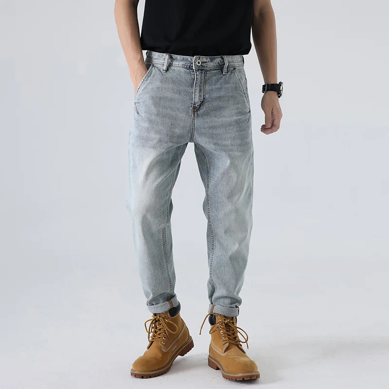 High quality long straight jeans for men big size stretch fabric stone denim casual trousers new 2024 clothing - light blue