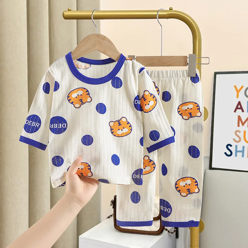 Full-print Cartoon Cotton Kids Home Clothes Outfits Toddler Costume Summer Seven-sleeve Tops + Pants Two Piece Set Casual Suit