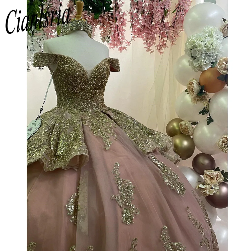 

Dark Pink Quinceanera Dresses Mexican Sweetheart Lace Puffy Ball Gowns Off-Shoulder Applique Luxury Vestidos De XV Anos