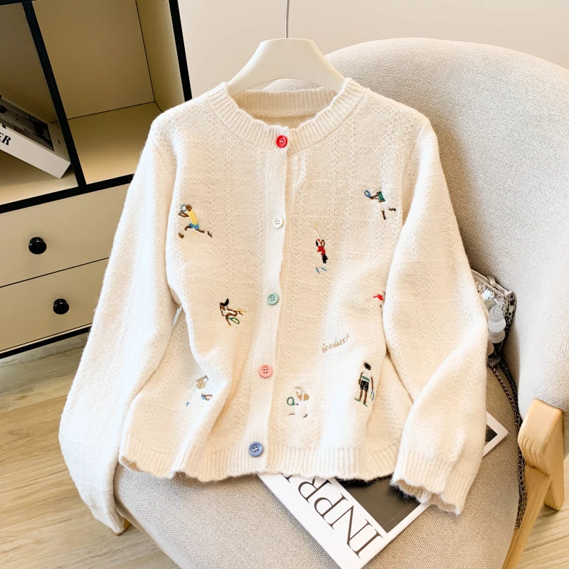 

Корейский круглый вязаный открытый кардиган с вышивкой Ne, женский свободный утягивающий универсальный свитер, модный топ