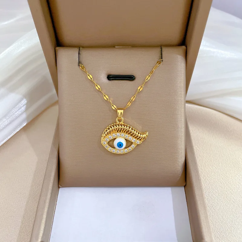 Zircon Blue Evil Eye Necklaces For Women Gold Plated Stainless Steel  Eyelashes Eyes Necklace Christmas Party Jewelry Gift