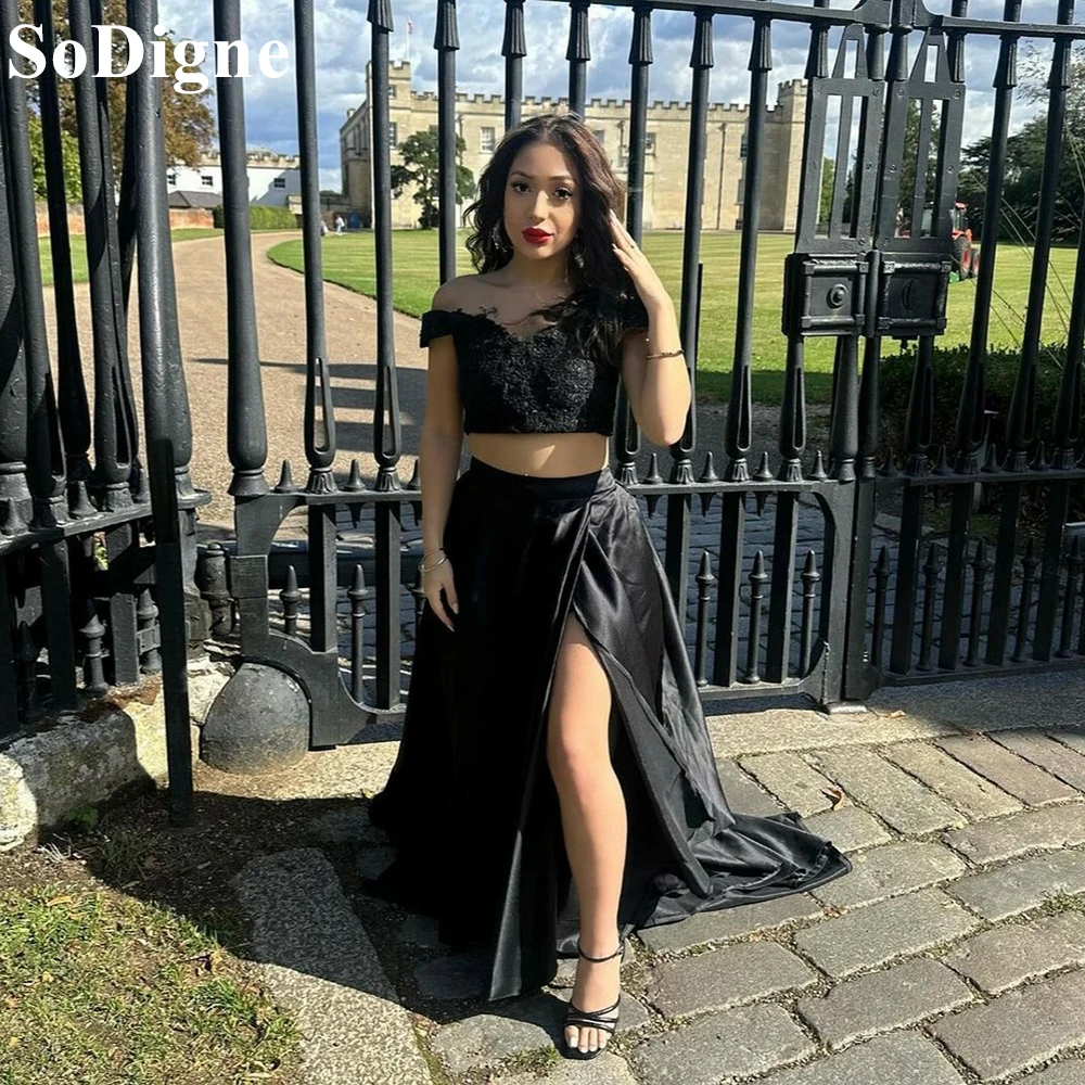 

SoDigne Black Sexy Evening Dresses Off Shoulder Side Slit Lace A-Line Sweep Train Party Dress 2024 Special Occasion Prom Gowns