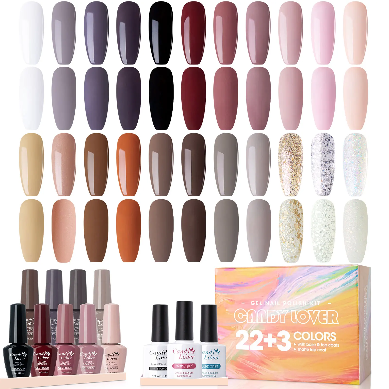 22色マットトップコートジェルネイルポリッシュキット、長持ちするソークオフuv-ledマニキュアセット（ベースコート付き）、初心者向けdiyネイルアート