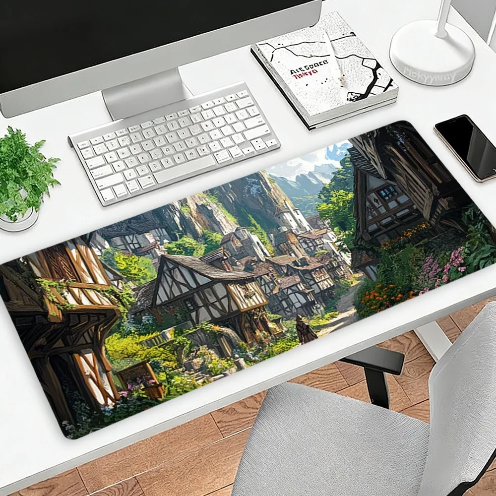 Medieval Village Scene Mouse Pad - Decorative Rectangular Desktop Cover, Fantasy Village Design alfombrillas para escritorio