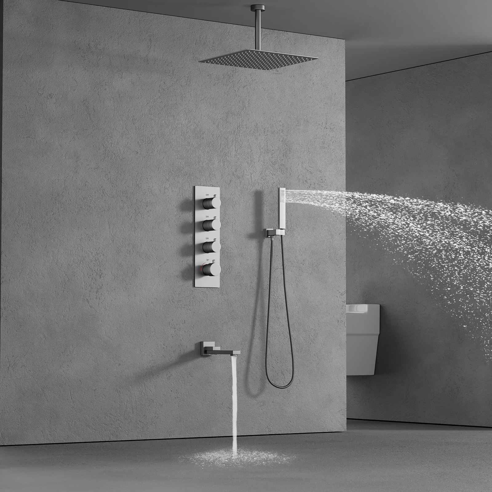 Brushed shower set, ceiling shower head, in-wall thermostat control, main body bathroom shower faucet