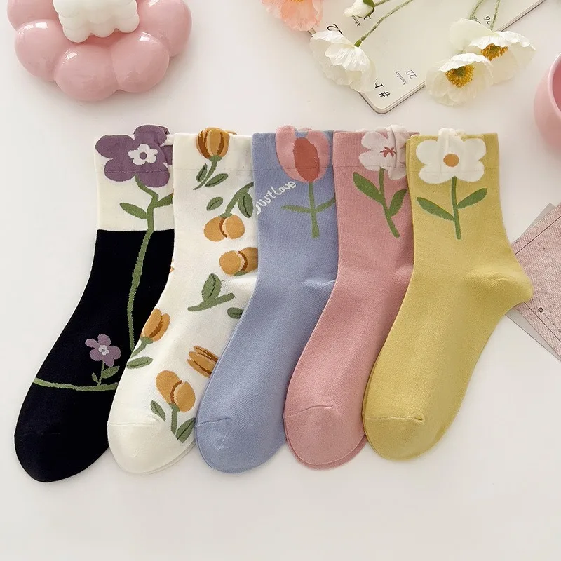

5 Pairs 3D Floral Women's Mid-Calf Warm Socks Japanese Style Spring Fall Casual Girl School Long Socks Ankle Socks Woman 2025