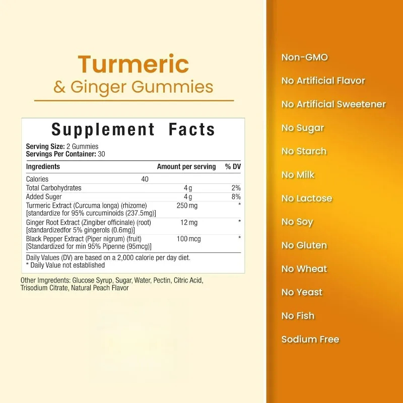 Turmeric and ginger flavored gummies supplement, organic curcumin, 95% curcumin compounds, 5% gingerol root, 60 gummies
