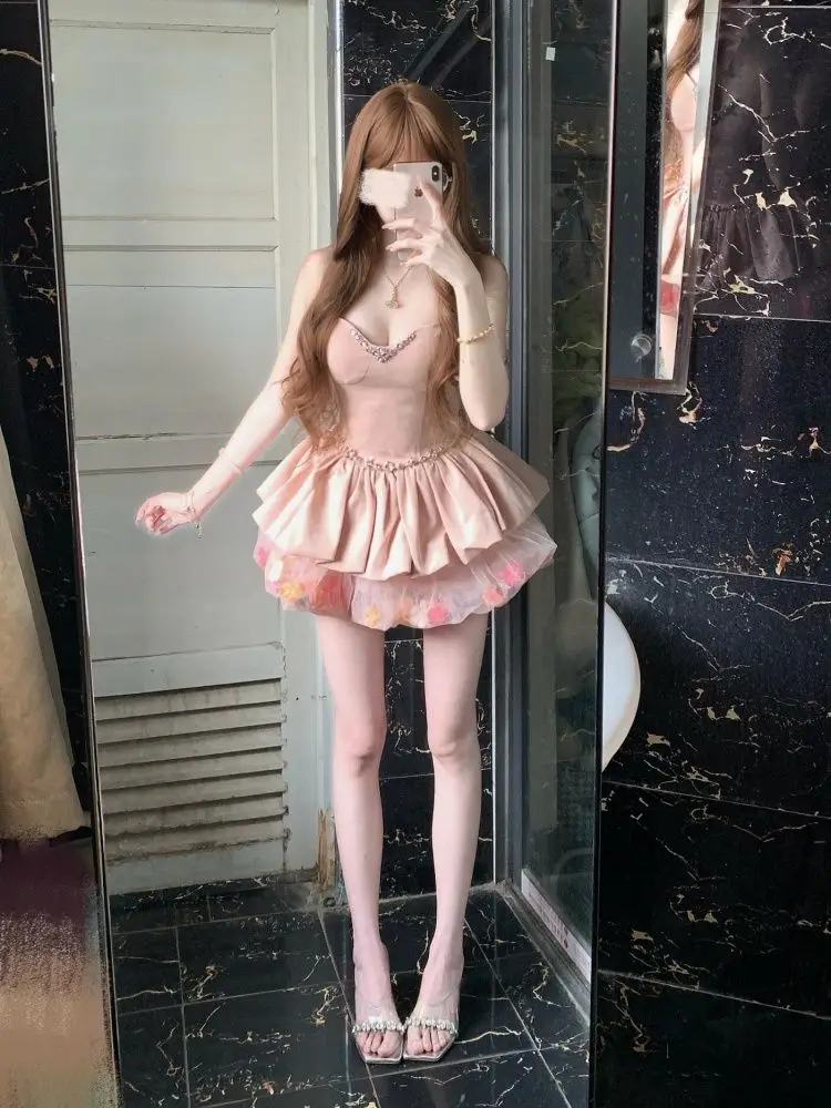 Princess Sweet Slim Waist Heavy Industry Suspender Dress Summer Sweet Spicy Girl Low-cut Mesh Flower Bud Dress Y2k Mini Dress