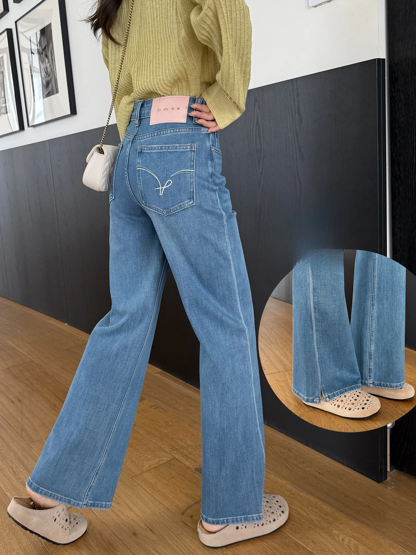 

Весенние женские джинсы с высокой талией, расклешенные, с четырехсторонней растяжкой, прямые, свободные, широкие, длинные брюки, дышащие, комфортные, кофортные.