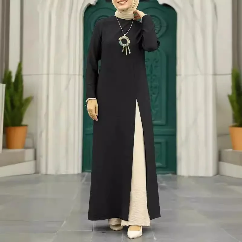 

Muslim Ice Silk Wrinkled Long Sleeved High Slit Hem Dress, Fashionable Solid Color Elegant Intellectual Women's Robe