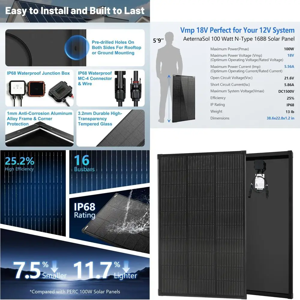 

Солнечная панель 100 Вт 18 В для автодомов, лодок и домов - высокая эффективность, водонепроницаемость, совместимость с автономными системами