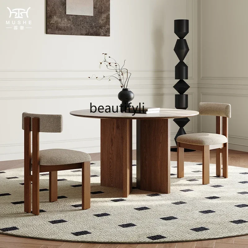 French retro solid wood travertine rock slab dining table and chair combination home designer round dining table