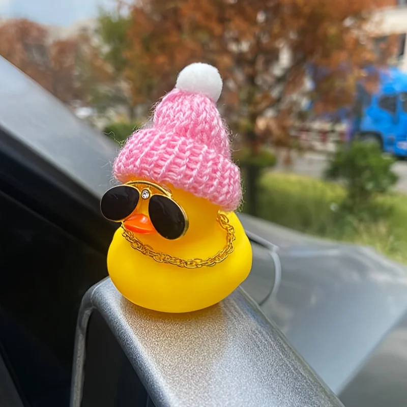 

1PC cute yellow duck car ornament with pink and black knitted hat, car decoration, holiday gift