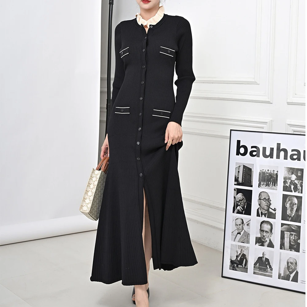 Chic French Style Women Ruffled Collar Long Sleeve High Slit Women Full Length Slim Knitting Dress