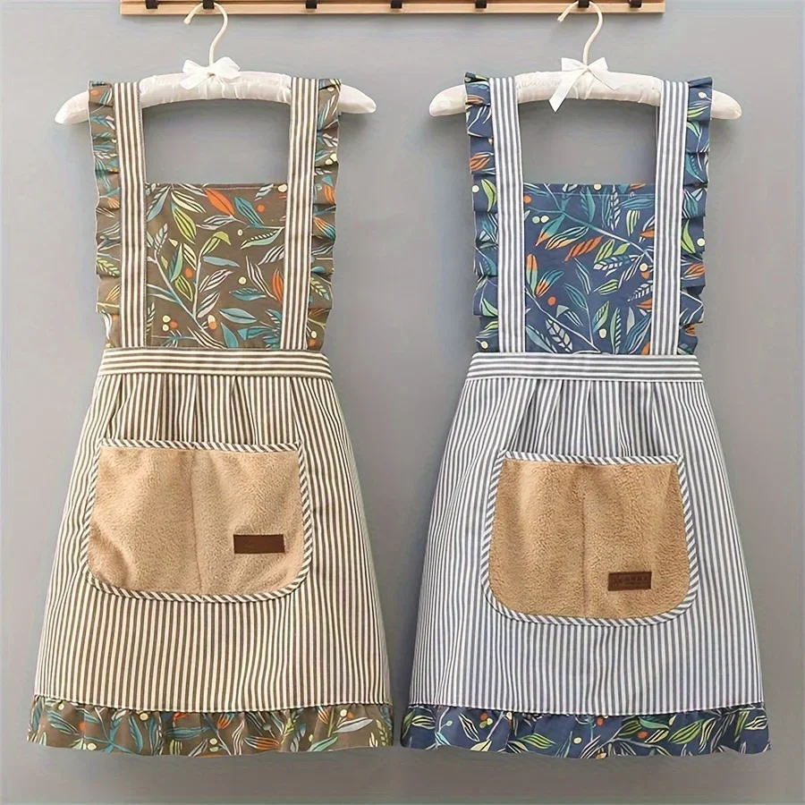 Women's Fashion Apron with Large Pockets, Vertical Stripe Waterproof Kitchen Smock for Cooking Baking, Adjustable