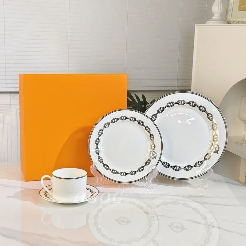 Gray Chain Pattern Bone China Steak Pastry Western Plate Tableware Popular Afternoon Tea Coffee Cup Saucer Minimalist Home Use
