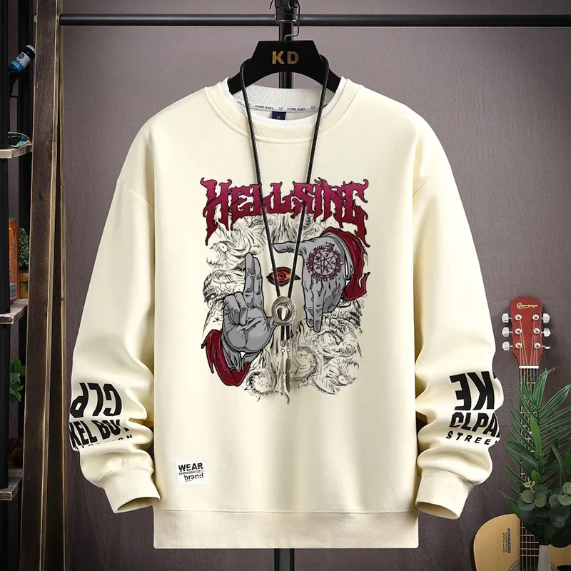 

Japan New Cartoon Men's Sweatshirt Hoodies Autumn Printed Long Sleeve T-shirt Fashion Men's Clothing Khaki O Neck Harajuku Top