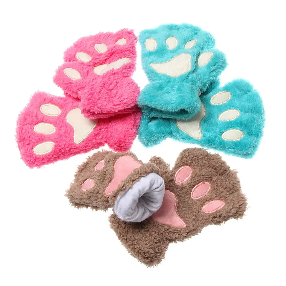 Lovely Warm Plush Warm Fluffy Children Gloves Fingerless Cat Paw Mittens