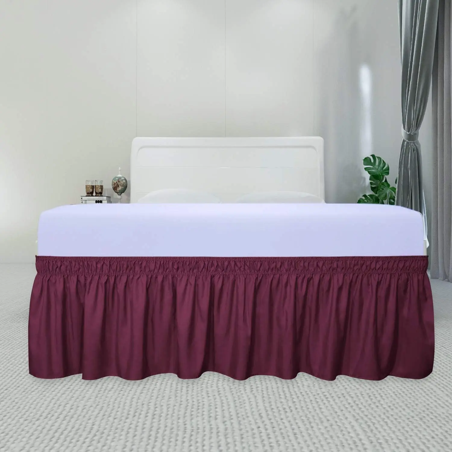 

Wine Wrap Around Ruffled Bed Skirt with Adjustable Elastic Belt King - 17" Drop Length Wrinkle Free Bedskirt Dust Ruffles