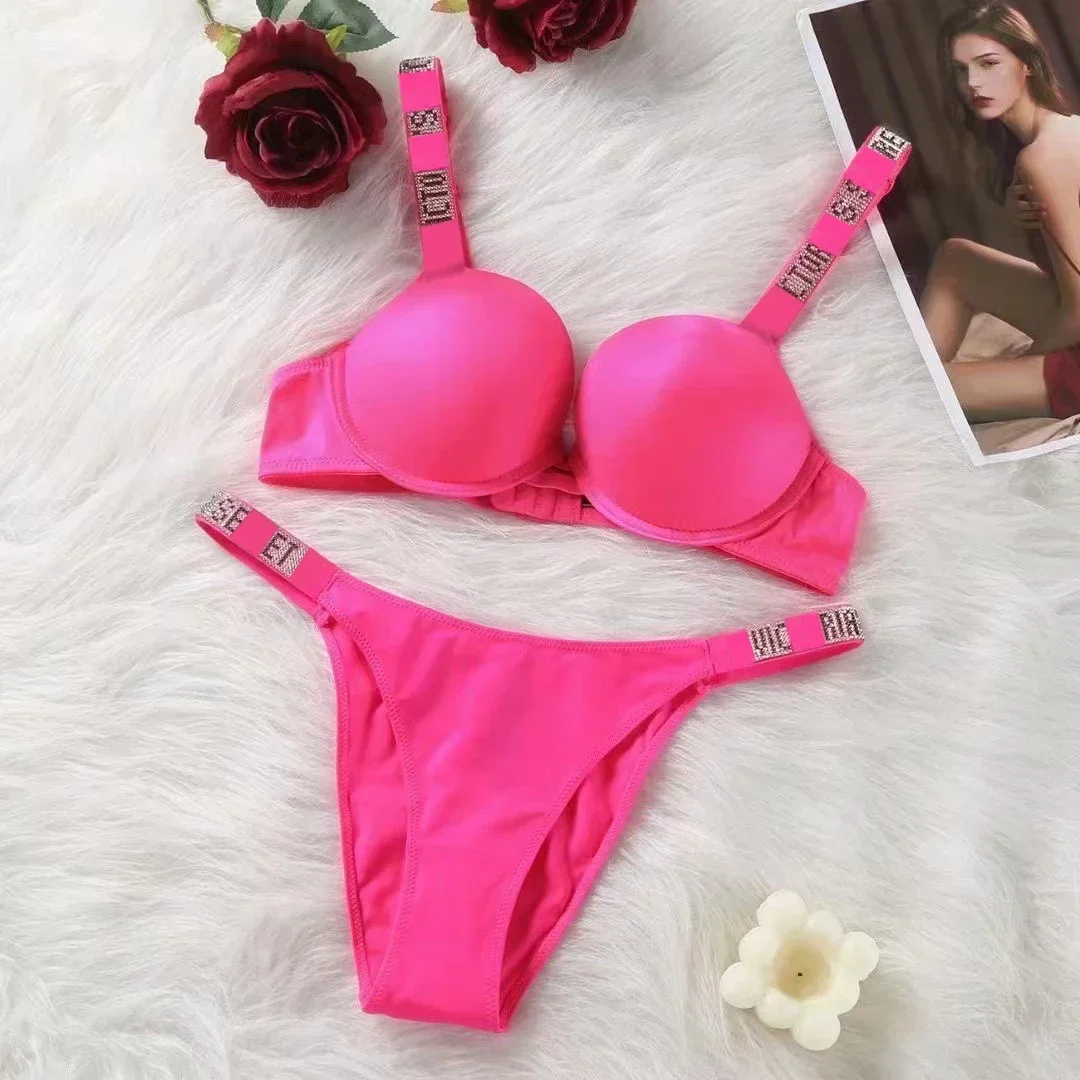 Sexy Women Underwear Rhinestone Bra and Panty 2 Pieces Set Comfortable Push Up Brassiere Adjustable Gathered Lingerie Wholesale