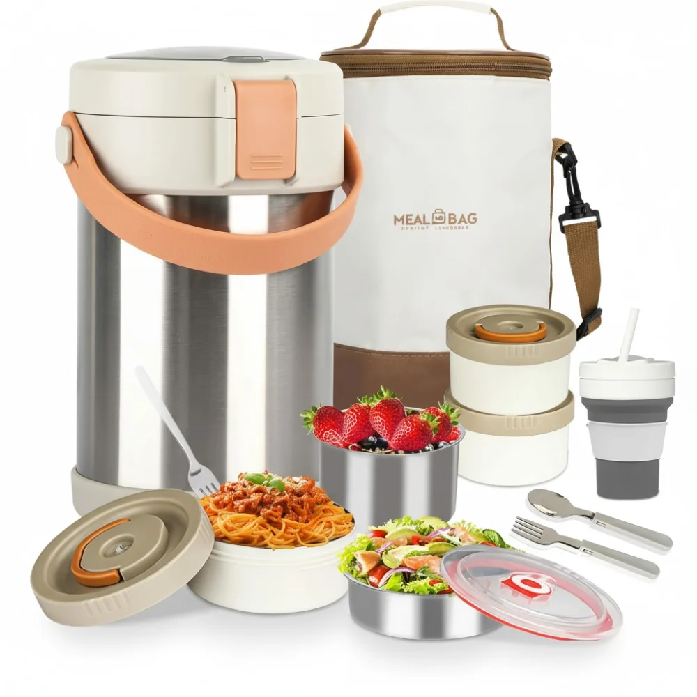 

Вакуумная изолированная банка для еды из нержавеющей стали объемом 2 л с 3 штабелируемыми контейнерами для горячего питания, идеально подходит для офиса, кемпинга и путешествий