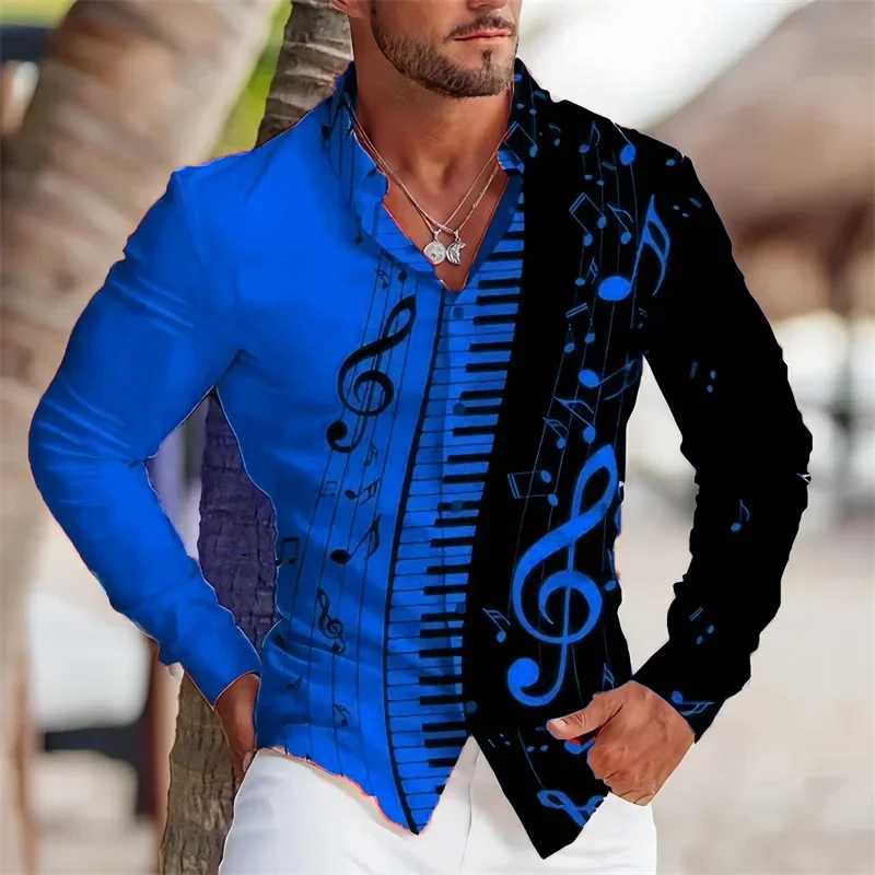 2024 Summer Men\'s Long Sleeves Shirt with Musical Instrument Symbol Pattern Printed Collar, Cardigan, Street Casual Shirt