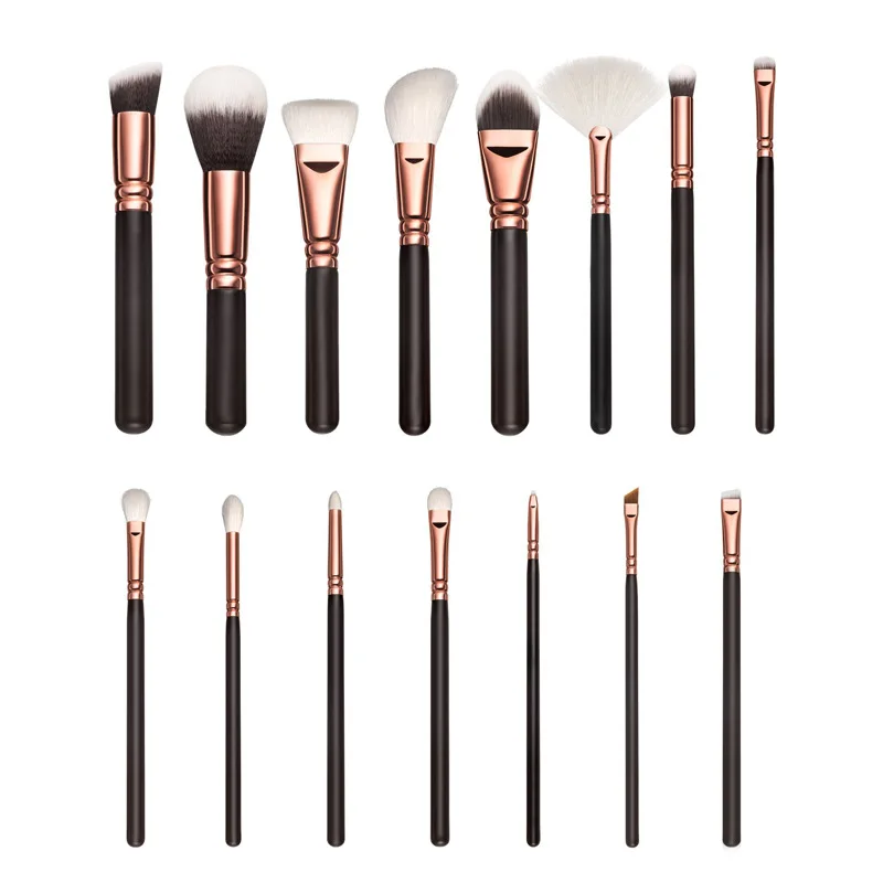 15-Make-up-Pinsel-Set, Roségold-Pinsel-Set, schwarze Faserborsten, Holzgriff, Make-up-Werkzeuge mit neuem Pinseltasche