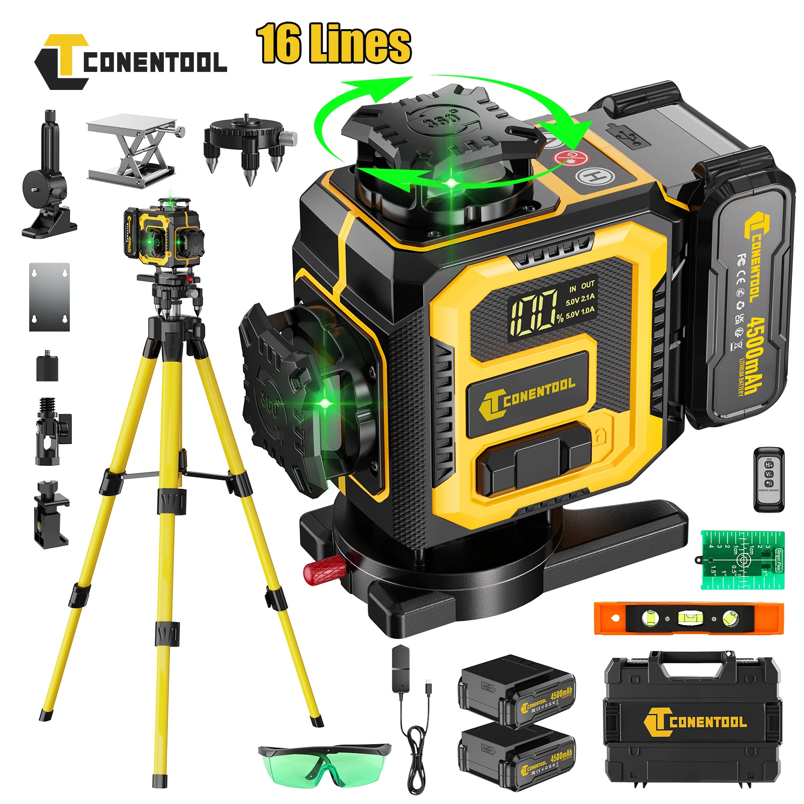 CONENTOOL 16 Linien Laser Level Stativ 4D 360 ° Selbstnivellierender horizontaler vertikaler professioneller Laser-Nivelliergeräte-Akku mit 2 x 3600 mAh
