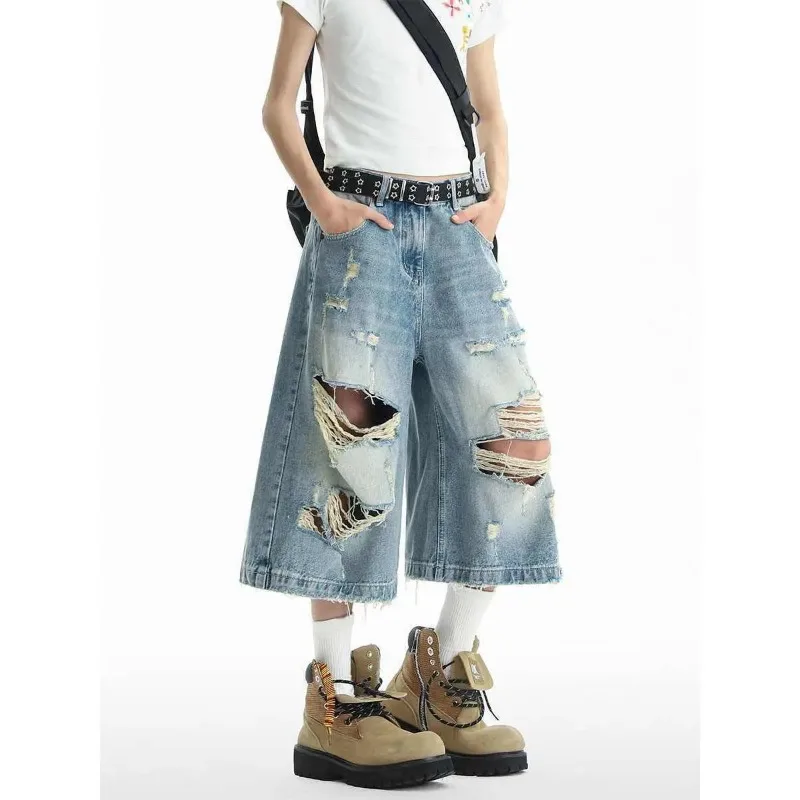 American Vintage Washed Ripped Denim Capri Pants Loose Couple Oversized Knee Length Jeans