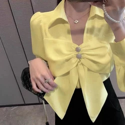 Spring Autumn New Fashion V-neck Long Sleeve Solid Color Blouses Women's Clothing Korean Bow Embroidered Flares Simplicity Shirt