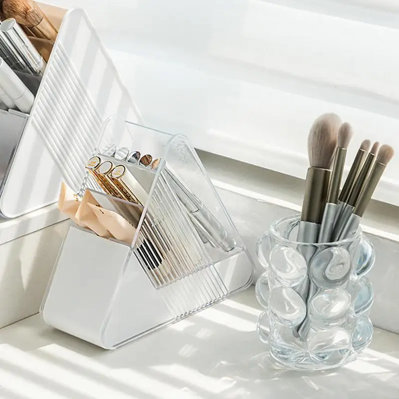 Multifuncional Maquiagem Brush Holder, Clear Triangle Organizer, Vertical Desktop Storage, Triângulo Papelaria
