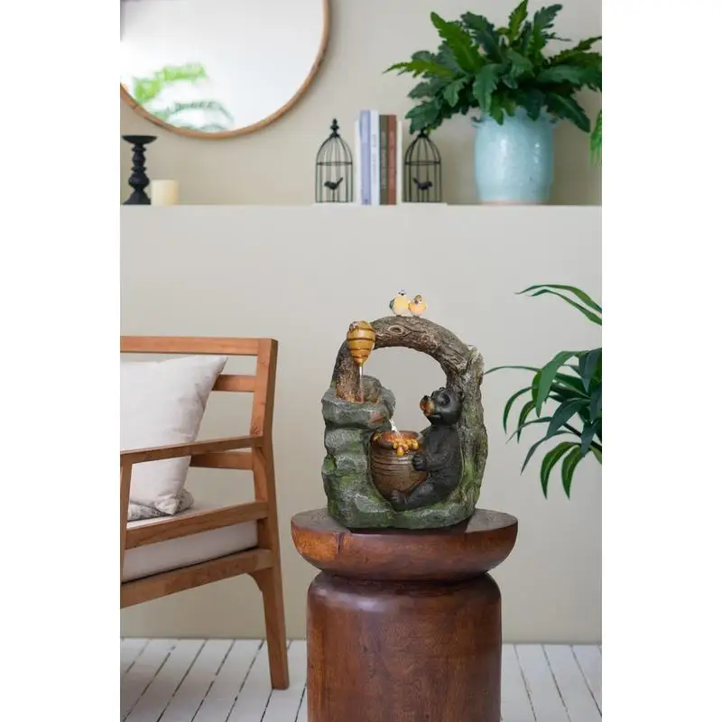 Fontaine d'eau extérieure à deux niveaux avec motif animal de la forêt, pompe et lumière, caractéristique décorative de jardin de 18,5 "x 11,8" x 22,6"