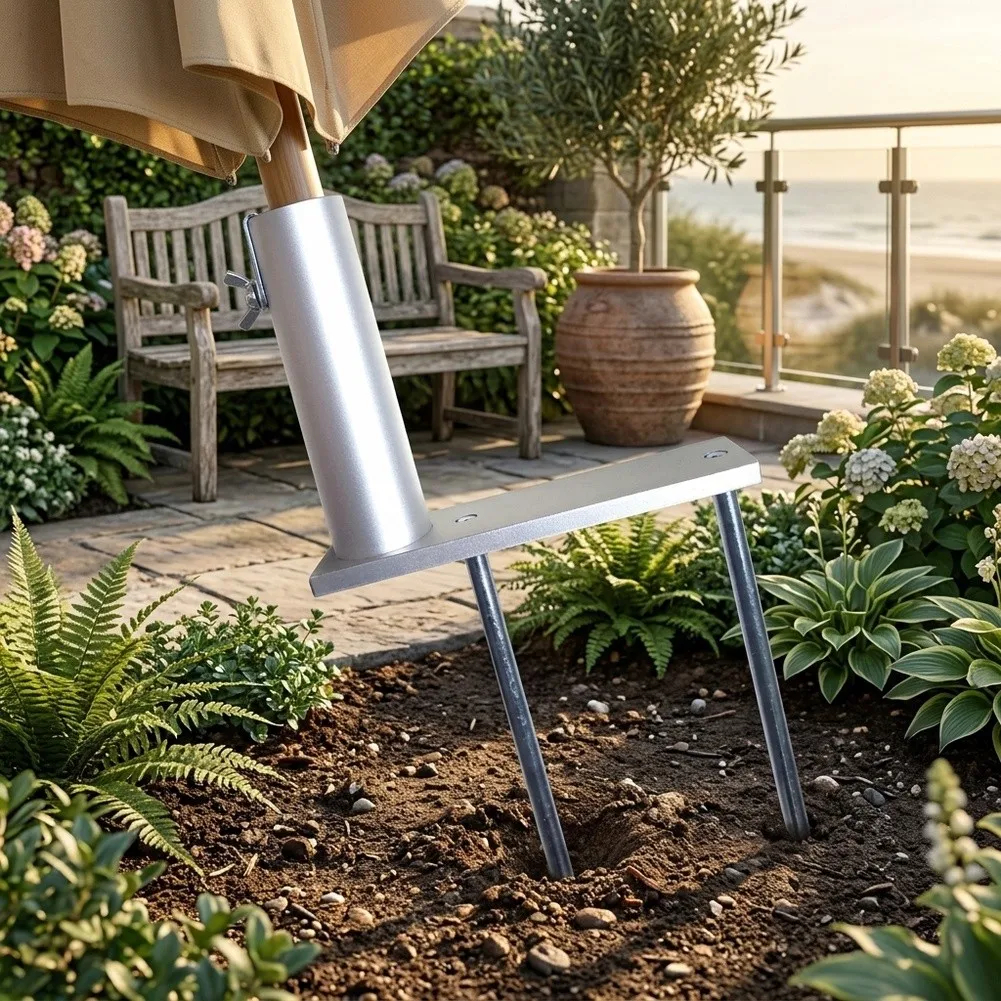 Secure Beach Umbrella with Spiral Ground Anchor for Sand Grass or Soft Soil 32.5cm Metal Sun Umbrella Stand Silver