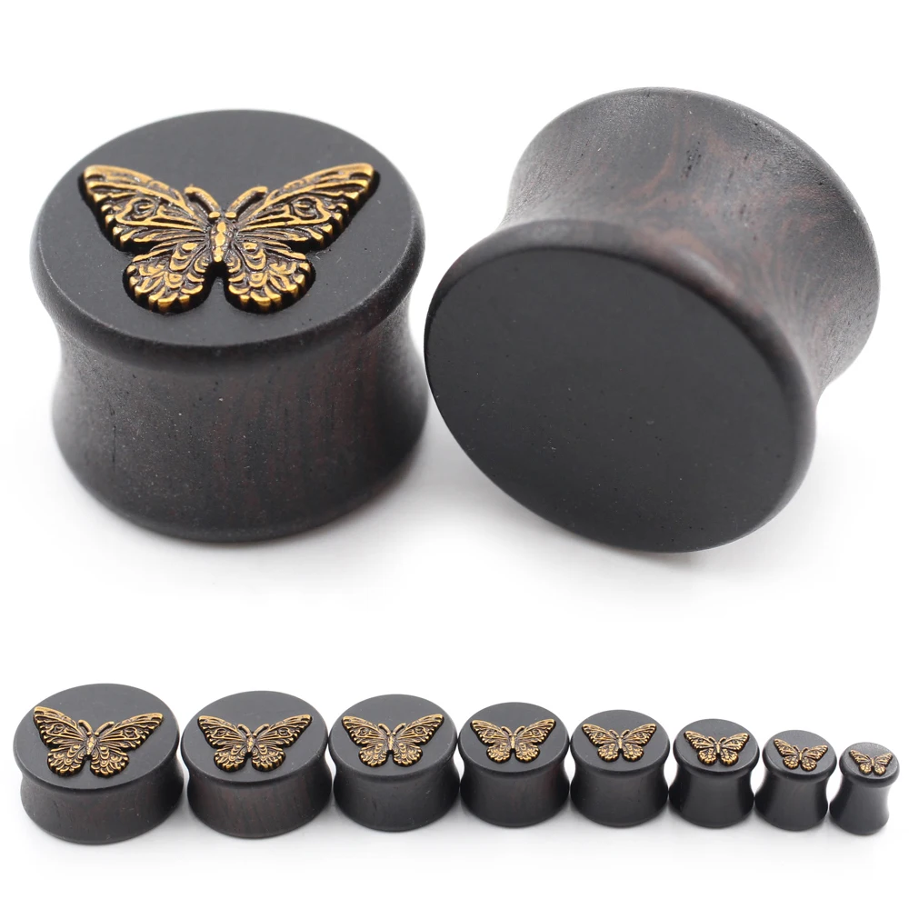 Alisouy 2PCS Retro Butterfly Double Flared Wood Copper Ear Tunnels Plug Expander Stretcher Gauges Earrings Piercing Body Jewelry