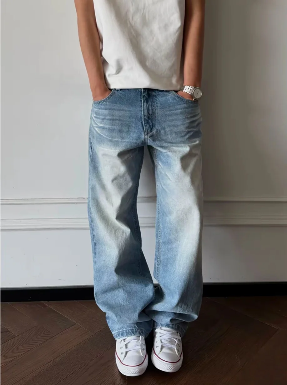 

Ретро джинсы с эффектом потертости, новые мужские свободные прямые брюки, повседневные удобные дышащие эластичные джинсовые штаны