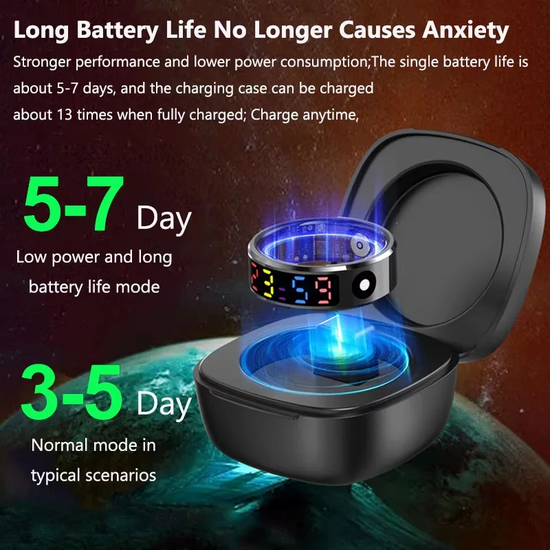 EIGIIS 2025 Color Screen Smart Ring 5ATM Waterproof Touch Health Monitoring Long Battery Life Gesture Operated Multi-motion Mode