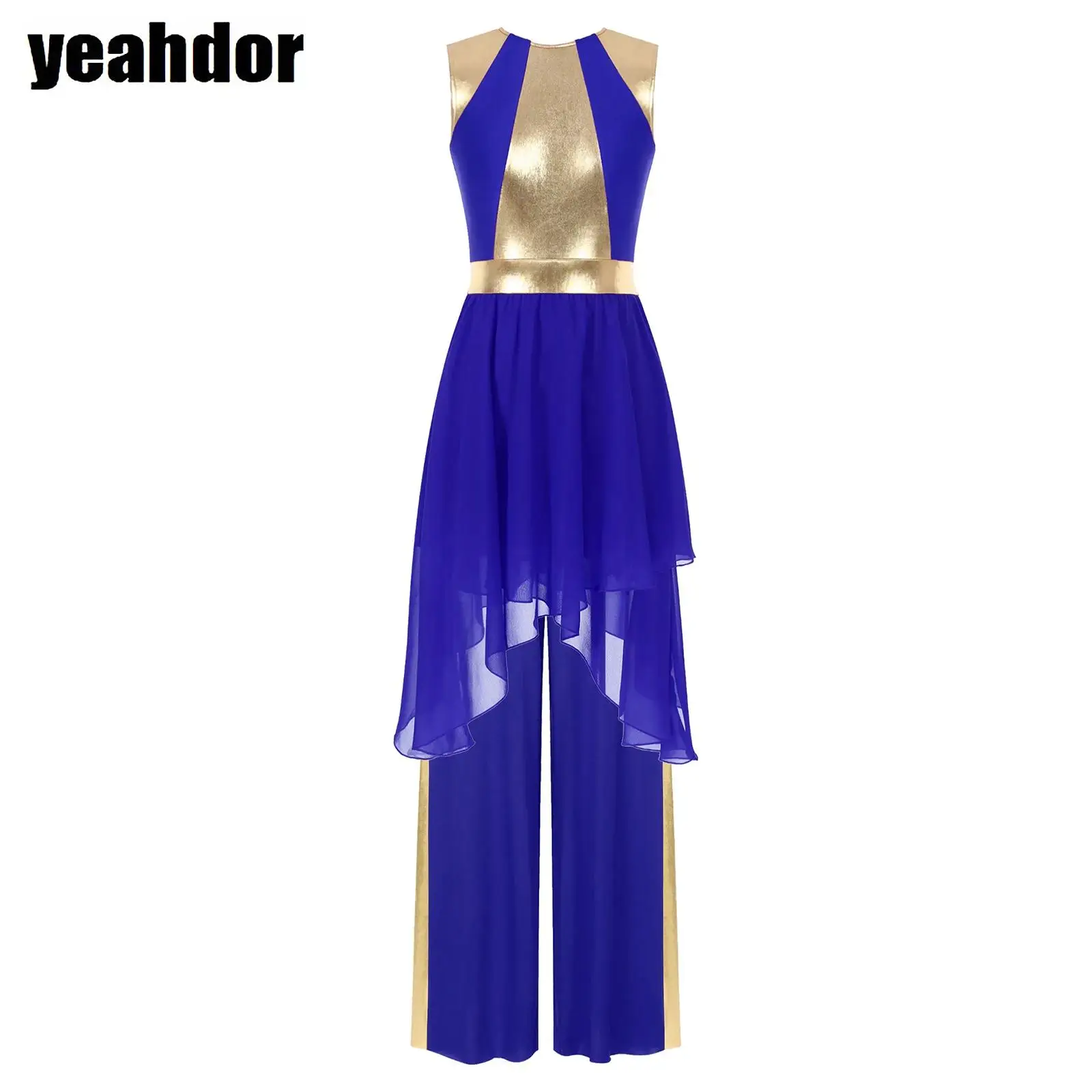 

Women Praise Liturgical Choir Church Worship Costumes Shiny Metallic Sleeveless Lyrical Dance Outfit with Pants Waltz Dancewear