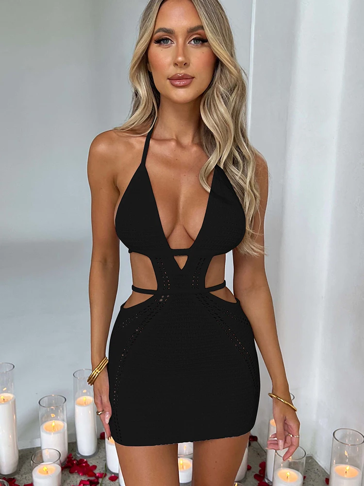 Mozision drążą Halter Sexy Mini sukienka kobiety lato nowy bez rękawów Backless Skinny klub Party dzianiny sukienka bez rękawów Vestido