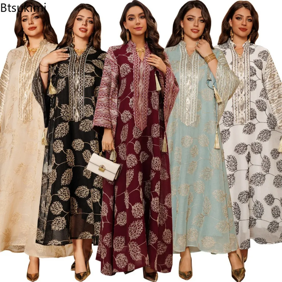 

Ramadan Dubai Embroidery Sequins Maxi Dress Women Muslim Abaya Dubai Casual Loose Kaftan Arab Robe Elegant Party Evening Dresses