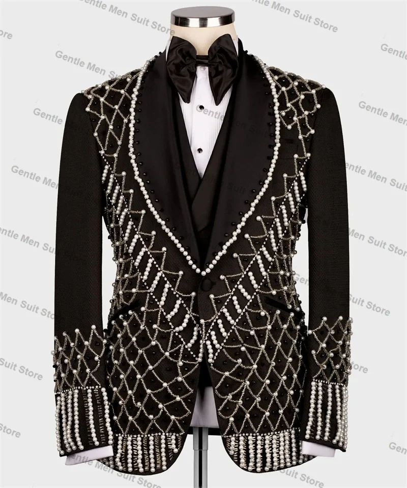 

Pearls Black Men Suits Set 2 Piece Blazer+Pant Luxury Prom Wedding Tuxedo Coat Outfit Customized Formal Office Jacket Trousers