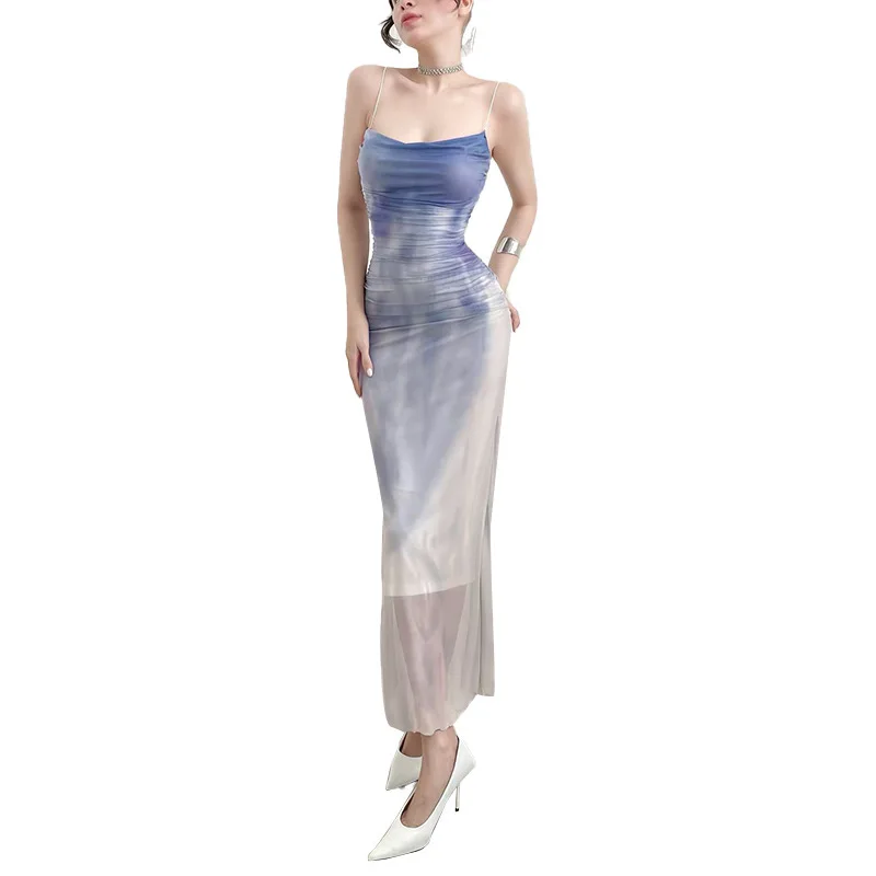 Summer 2025 New Models, Sweet Temperament Royal Sister Slim Gradual Change Printed Mesh Suspender Dress Women Cw30445