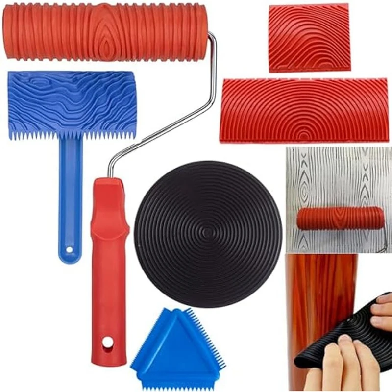 Wood Graining Tool Set, 6Pcs 7Inch Wood Grain Roller Rubber Graining Tool Paint Wood DIY Painting Tool Easy Install