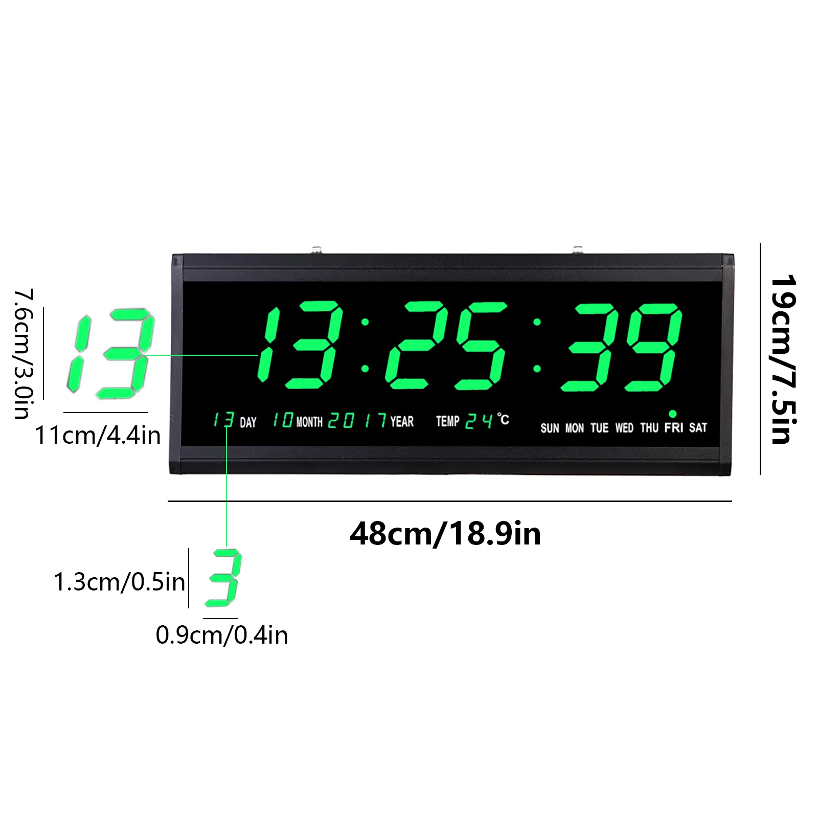 Digitale LED-Wanduhr, übergroße Wanduhr 48 x 19 cm mit Datumstemperatur, 220 V Schwarz und Grün